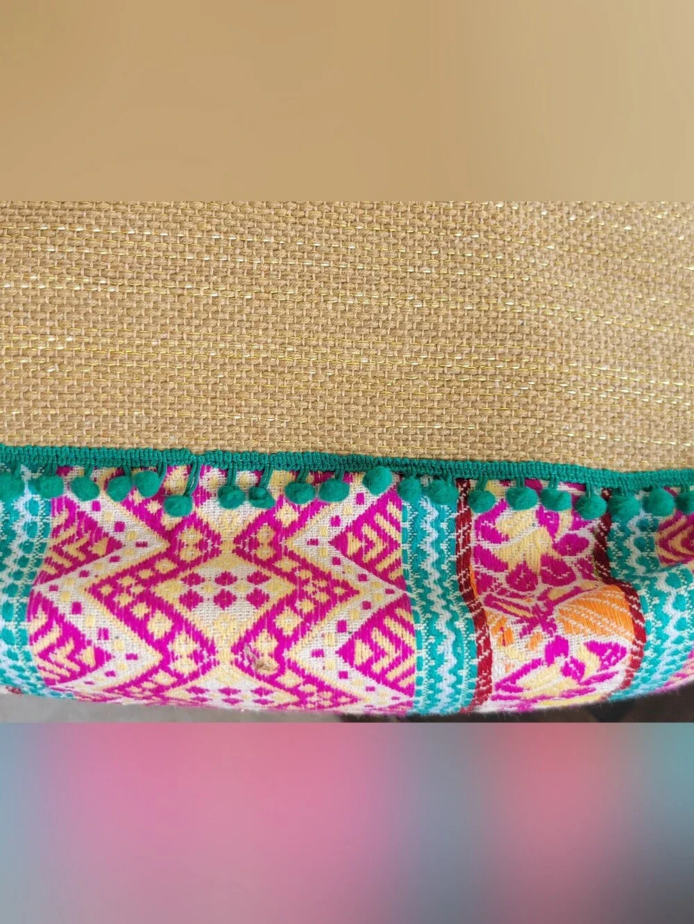 Authentic American & Beyond Straw and Jute Woven Tote with Pink Strawberries